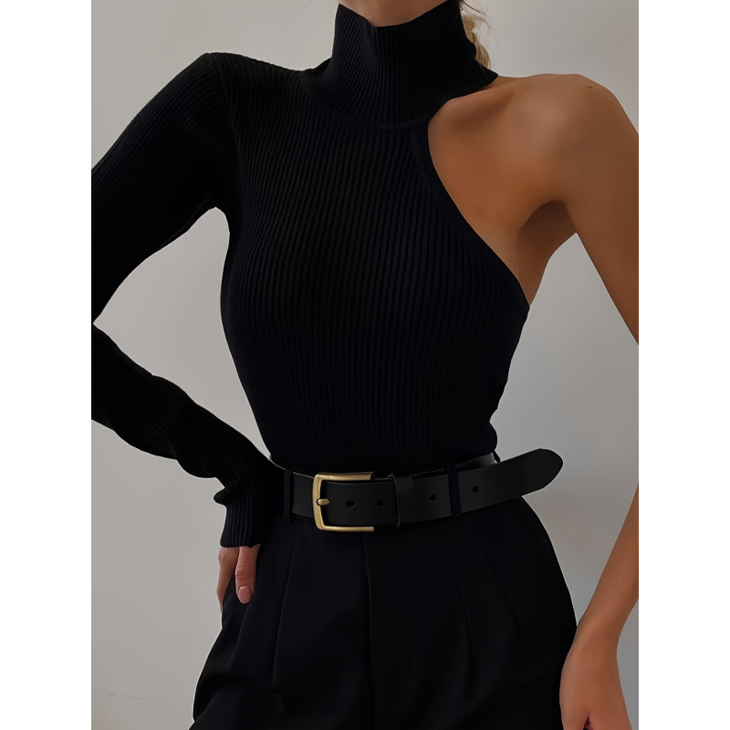 Winter Clothing Usa - Solid Asymmetric One Shoulder Ribbed Knit